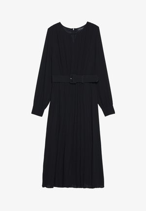 Must värviline kleit, mis on valmistatud volditud kangast, millel on pikad varrukad, ümmargune kaelus ja vööga talje. Seljaosa tõmblukk.