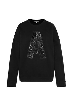Schwarzer Pullover mit Rundhalsausschnitt, in der Mitte verziert mit einem großen, schwarz-silbernen Paillettenbuchstaben "A". Gerippte Bündchen und Saum.