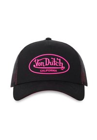 Casquette de baseball en mesh noir avec visière courbée, arborant le logo rose "Von Dutch California" sur le panneau avant.