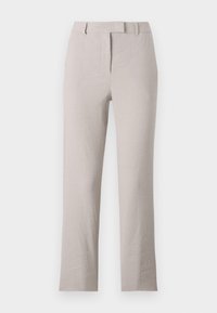 Beige linbukser med rett ben-design, som har flat front, beltehemper og subtil tekstur. Ingen synlige pynt.