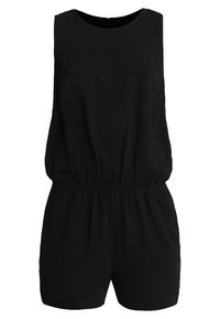 Czarny bezrękawnym kombinezon z okrągłym dekoltem, elastyczną talią i krótkimi nogawkami. Materiał wygląda na gładki, bez widocznych wzorów lub akcentów.