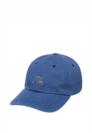 Casquette en coton bleu avec une visière courbée, ornée d'un design de vague brodé en or à l'avant. Comprend cinq trous de ventilation.