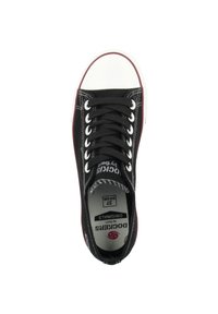 Schwarze Leinenschuhe mit weißer Gummikappe und Sohle, ausgestattet mit schwarzen Schnürsenkeln und kontrastierenden roten Nähten, Größe 37, Marke Doc Martens.