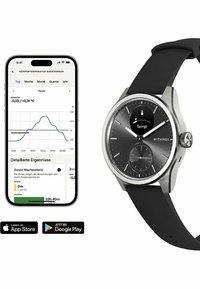 Un orologio smartwatch argento con un cinturino in gomma nera, quadrante rotondo, faccia scura e texturizzata, due quadranti secondari più piccoli e un display della temperatura.