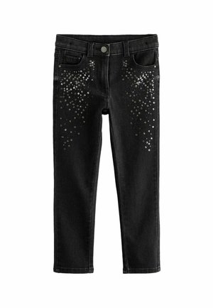 Jeans in denim nero con vestibilità slim, caratterizzati da paillettes decorative argentate sul davanti e dal classico design a cinque tasche.