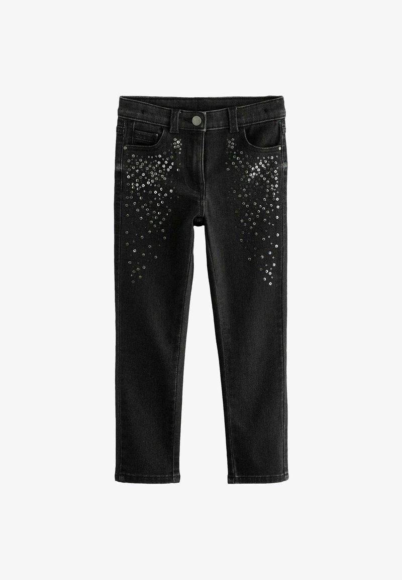 Sorte denim jeans med slim fit, der har dekorative sølvpalietter langs fronten og klassisk fem-lomme design.