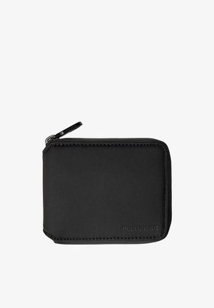 Schwarzer rechteckiger Reißverschluss-Geldbeutel mit abgesteppten Kanten und geprägtem "PULL&BEAR"-Logo in der unteren rechten Ecke vorne.