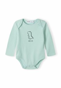 Mint zelena dugih rukava bodi s dinosaur grafikom i tekstom "ZDRAVO". Izrađen od mekanog pamuka, s dugmadima za kopčanje na dnu.
