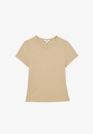 T-Shirt mit kurzen Ärmeln aus beigem Stoff, mit rundem Ausschnitt und einfachem, figurbetontem Design mit glatter Textur.