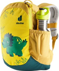 Sac à dos jaune en tissu résistant avec un motif de dinosaure vert, poche latérale pour bouteille d'eau et bretelles ajustables.