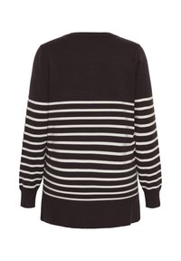 Pull noir à manches longues avec des rayures horizontales blanches sur le corps et les manches, vu de dos.