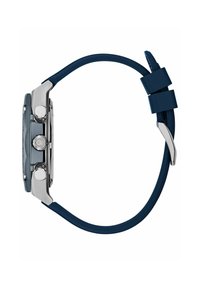 Zila silikona pulkstenis ar nerūsējošā tērauda korpusu. Iespējo platu seju, divus sānu pogas un atbilstošu zilu joslu ar sprādzi.