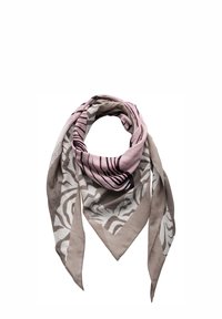 Zijden sjaal in triangulaire vorm, met een lichtgrijs en wit zebra-patroon, en een roze en bordeauxrode gestreepte sectie. Zachte textuur.