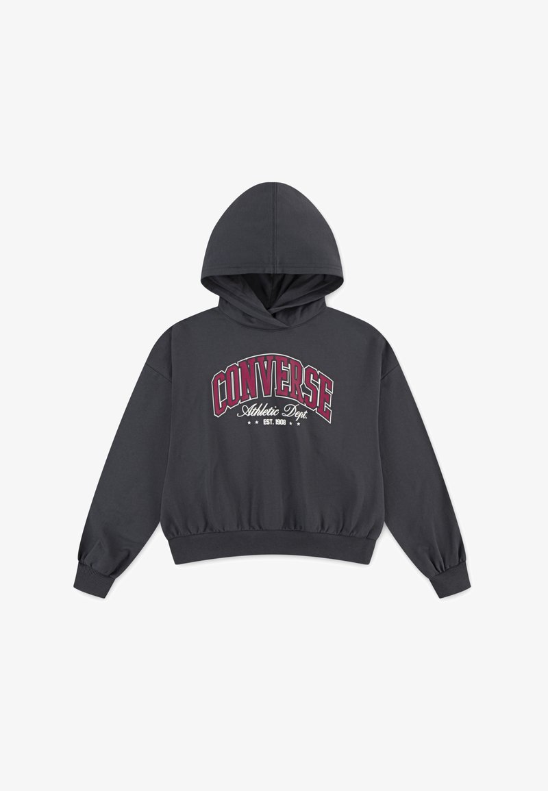 Tmavohnedá mikina s kapucňou a predným vreckom, s veľkým červeným a bielym grafickým nápisom "CONVERSE Athletic Dept" a rebrovanými manžetami a lemom.