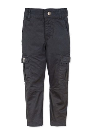Cargo-Hosen aus schwarzem Twillstoff mit geradem Schnitt, ausgestattet mit Seitentaschen und einem Druckknopfverschluss vorne. Glatte Textur und strapazierfähige Oberfläche.
