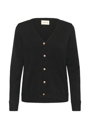 Cardigan noir avec un col en V, ornée de boutons dorés sur le devant et d'un ourlet en ondulations. Texture douce, manches longues et coupe décontractée.