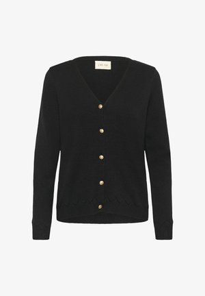 Sort cardigan med v-hals, der har gyldne knapper ned foran og en bølget kant. Blød tekstur, lange ærmer og en afslappet pasform.