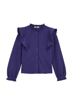 Blusa viola con tessuto a trama testurizzata a diamante. Presenta dettagli arricciati sulle spalle, chiusura con bottoni e polsini elasticizzati.