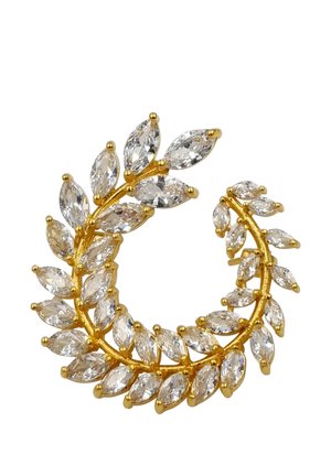 Orecchino dorato a forma di foglia, con cristalli trasparenti taglio marquise. Forma curva con dettagli intricati lungo i bordi.