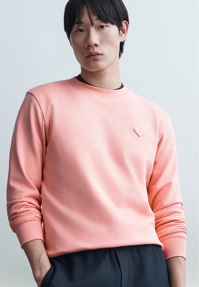 Jeune homme aux cheveux noirs et raides portant un sweat-shirt à manches longues rose clair et un pantalon foncé, debout avec une main dans la poche.