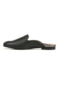 Black leather slip-on shoe with a textured surface, curved upper, and flat heel. Features a contrasting inner lining and smooth sole.