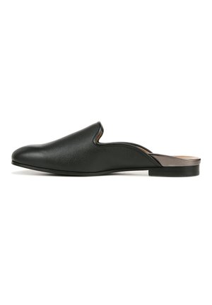 Black leather slip-on shoe with a textured surface, curved upper, and flat heel. Features a contrasting inner lining and smooth sole.