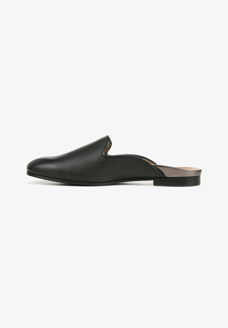 Black leather slip-on shoe with a textured surface, curved upper, and flat heel. Features a contrasting inner lining and smooth sole.