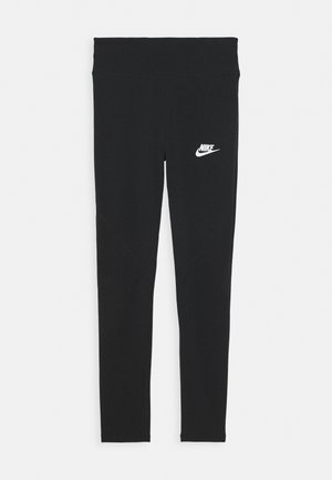 Leggings noirs Nike avec une texture lisse, taille haute et un logo blanc sur la hanche gauche. Conception ajustée avec des jambes fuselées.
