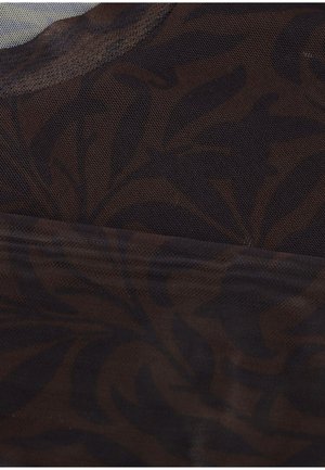Dark brown mesh fabric with a subtle leaf pattern, featuring a smooth texture and a layered design element at the bottom.