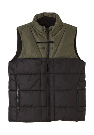 Kamizelka pikowana z zieloną górną częścią i czarną dolną, z wysokim kołnierzem, zamkiem z przodu oraz dwoma bocznymi kieszeniami.
