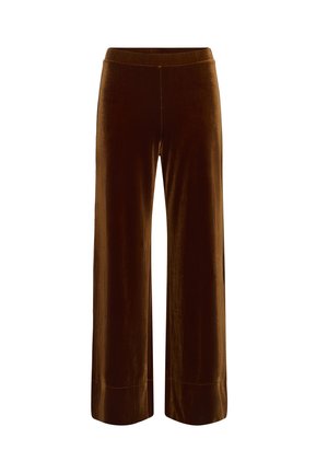 Bruine velours wijde broek met een zachte textuur, een elastische tailleband en een nette zoom. Het ontwerp is hoog in de taille en ontspannen.