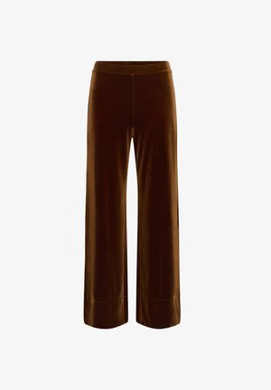 Braune Velours-Hosen mit weitem Bein, die eine glatte Textur, einen elastischen Bund und einen sauberen Saum aufweisen. Das Design ist hochgeschnitten und lässig.