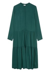 Vihreä pitkähihainen mekko pyöreällä kaula-aukolla, jossa on kerrostettu, rypistetty helma ja nappikiinnitys edessä. Sujuva kangastuntu.