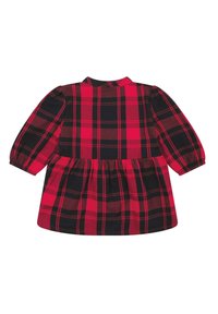 Abito a quadri rosso e nero con maniche lunghe, colletto con bottoni e vita svasata. Materiale in cotone, con un motivo a scacchi su tutta la superficie.