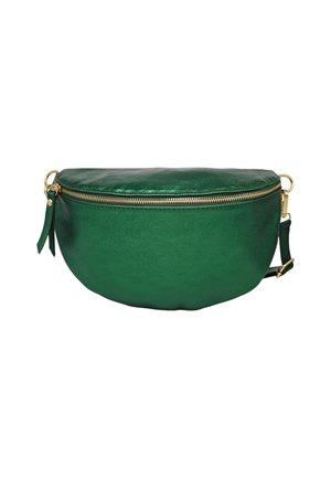 Sac en cuir vert en forme de demi-lune, avec une fermeture éclair dorée et une bandoulière amovible. Texture lisse avec une finition brillante.