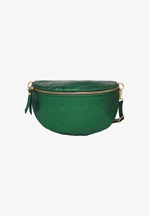 Sac en cuir vert en forme de demi-lune, avec une fermeture éclair dorée et une bandoulière amovible. Texture lisse avec une finition brillante.