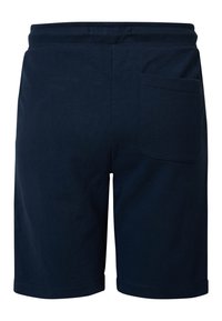 Granatowe szorty bawełniane z elastycznym pasem, z tylną kieszenią i prostym krojem, wykończone na nogawkach.