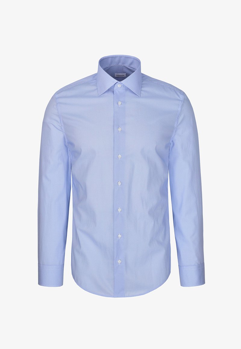 Chemise habillée pour homme à manches longues bleu clair avec fermeture à boutons sur le devant et col pointu, présentée sur fond blanc.