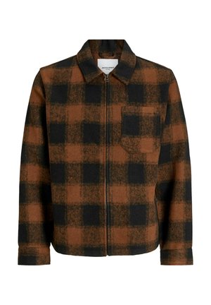 Brun och svart rutig zip-up jacka med krage och bröstficka, uppställd mot en vit bakgrund.