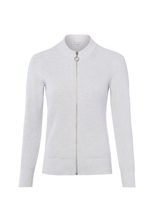 Lichtgrijze gebreide cardigan met lange mouwen, geribbelde manchetten en zoom, en een zilveren ritssluiting aan de voorkant met een ronde trekker.