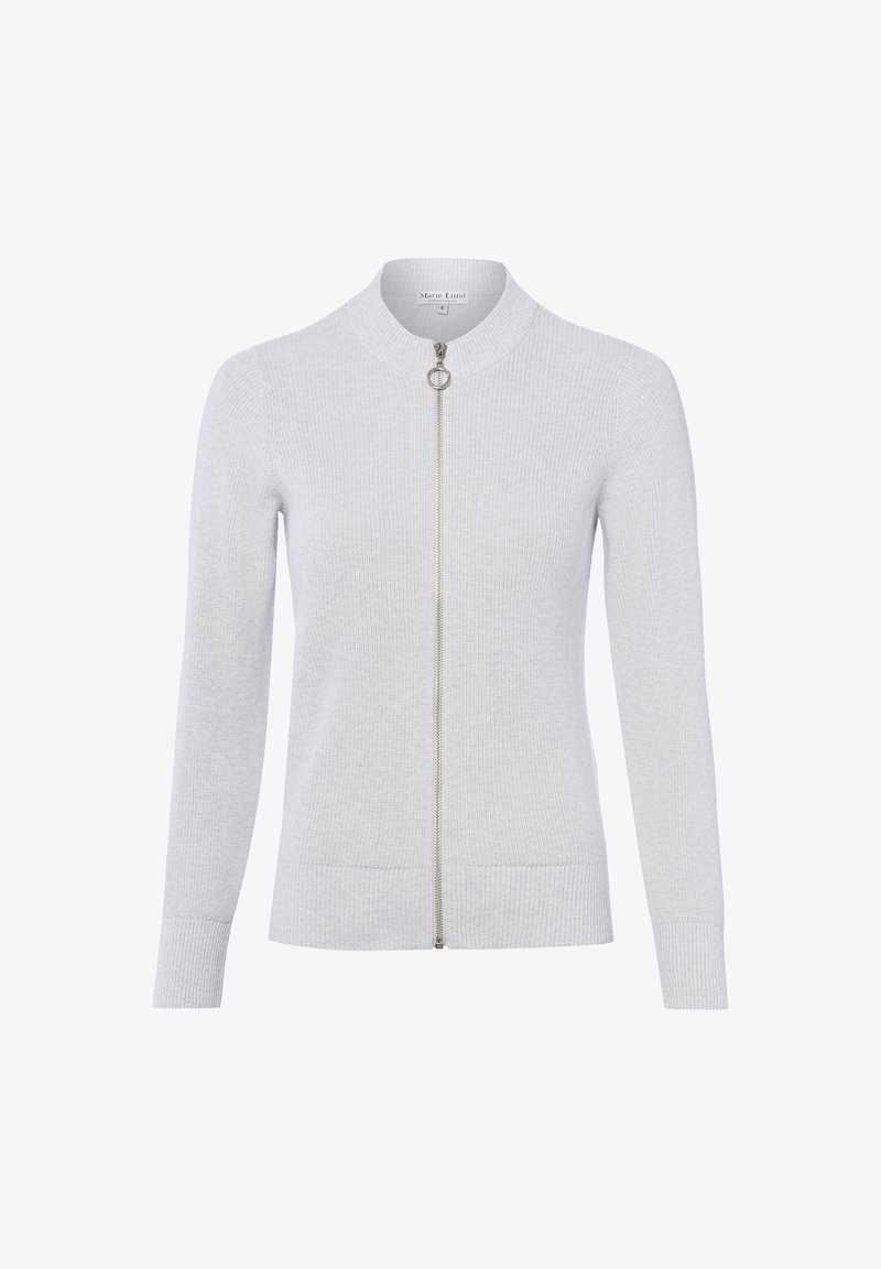 Cardigan grigio chiaro in maglia con maniche lunghe, polsini e orlo a coste, e cerniera frontale argentata con cursore tondo.
