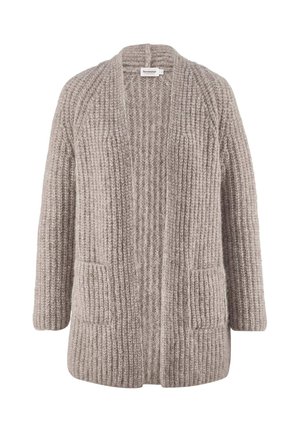 Flauschiger Strickcardigan in hellbeige. Mit offenem Kragen, geripptem Muster, zwei vorderen Taschen und weiten Ärmeln. Aus weichem Wollmix gefertigt.