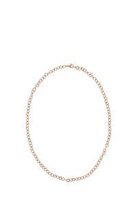 Roze gouden metalen ketting met in elkaar verstrengelde ovale schakels. Glad oppervlak met een subtiele glans. Veilige sluiting voor het sluiten.