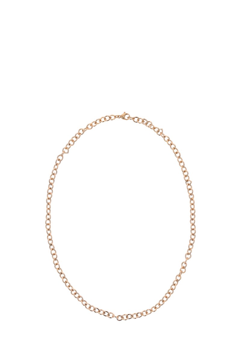 Roze gouden metalen ketting met in elkaar verstrengelde ovale schakels. Glad oppervlak met een subtiele glans. Veilige sluiting voor het sluiten.