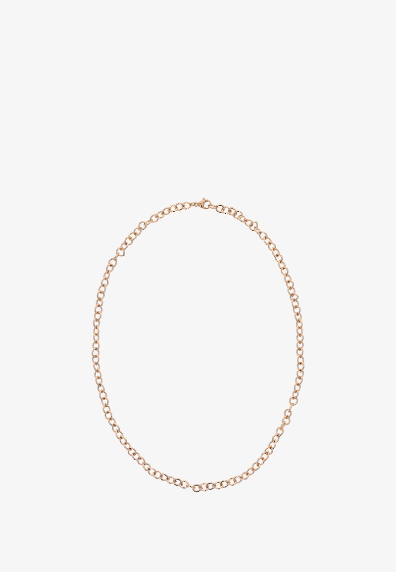 Roze gouden metalen ketting met in elkaar verstrengelde ovale schakels. Glad oppervlak met een subtiele glans. Veilige sluiting voor het sluiten.