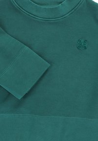 Teal katoenen sweatshirt met een ronde hals, lange mouwen en geborduurde bloemenmotieven op de borst. Soepele textuur en een eenvoudig ontwerp.