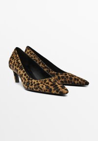 Une paire de chaussures à talons kitten à bout pointu pour femmes, en imprimé léopard avec un doublure intérieure noire, sur un fond blanc.