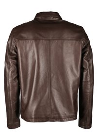 Braune Lederjacke mit klassischem Kragen, glatter Textur und geradem Schnitt. Sichtbare Nähte und keine Hardware-Akzente.