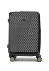 Black hard-shell suitcase with a checkered pattern and gray accents. Features smooth wheels and a top handle for easy maneuverability.