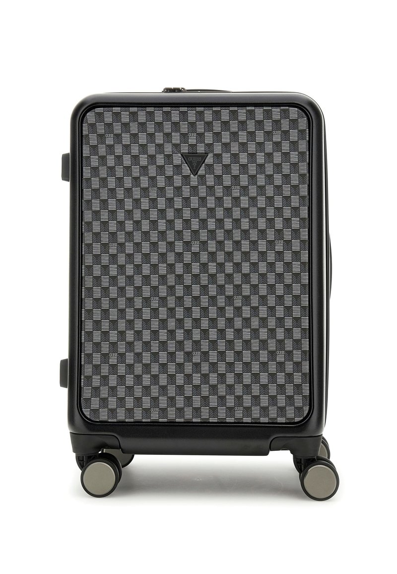 Black hard-shell suitcase with a checkered pattern and gray accents. Features smooth wheels and a top handle for easy maneuverability.